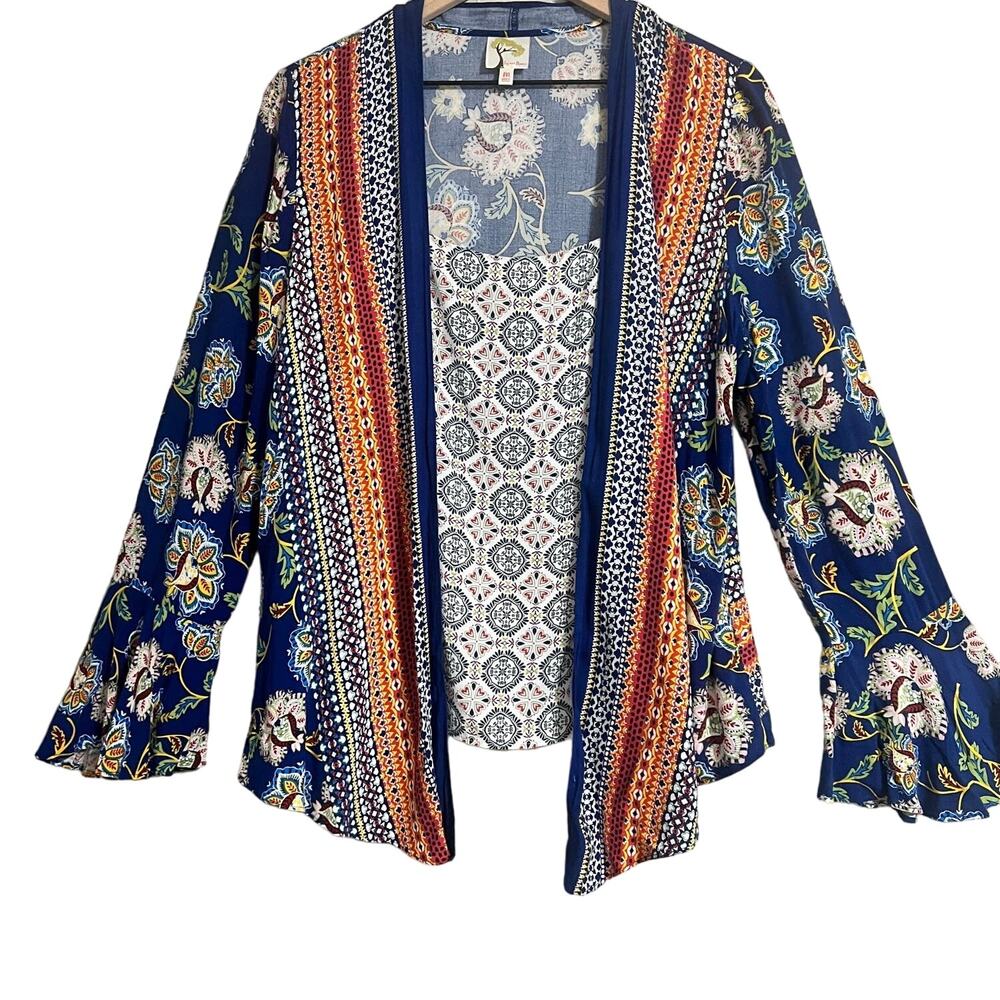 fig and flower Navy Blue Floral Open Front Kimono Cardigan with Orange Accents